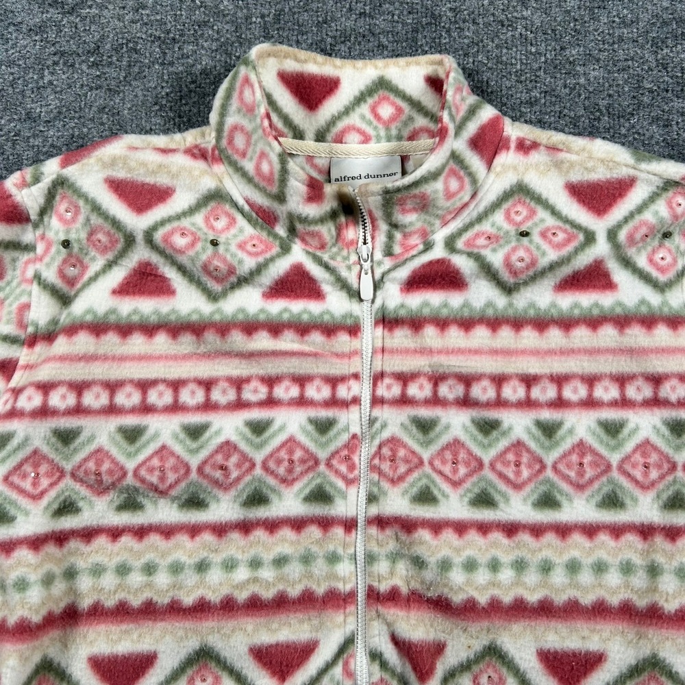 Alfred Dunner Fleece Jacket Womens XL Pink Green Geometric Sequin Full Zip Soft